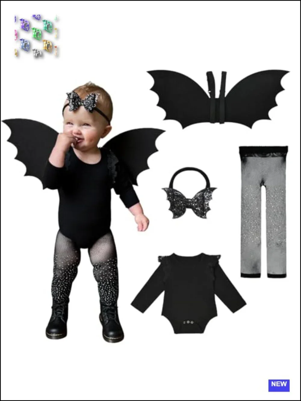 Baby Bat Halloween Costume Set - Long Sleeve Ruffle Bodysuit Romper with Wings